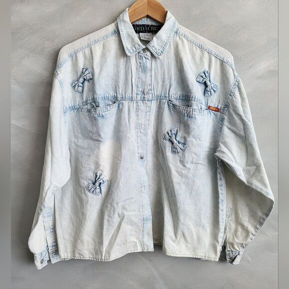 Vintage Jordache Light Acid Wash Denim 3D Bow Button Down Top Sz L - Picture 1 of 11